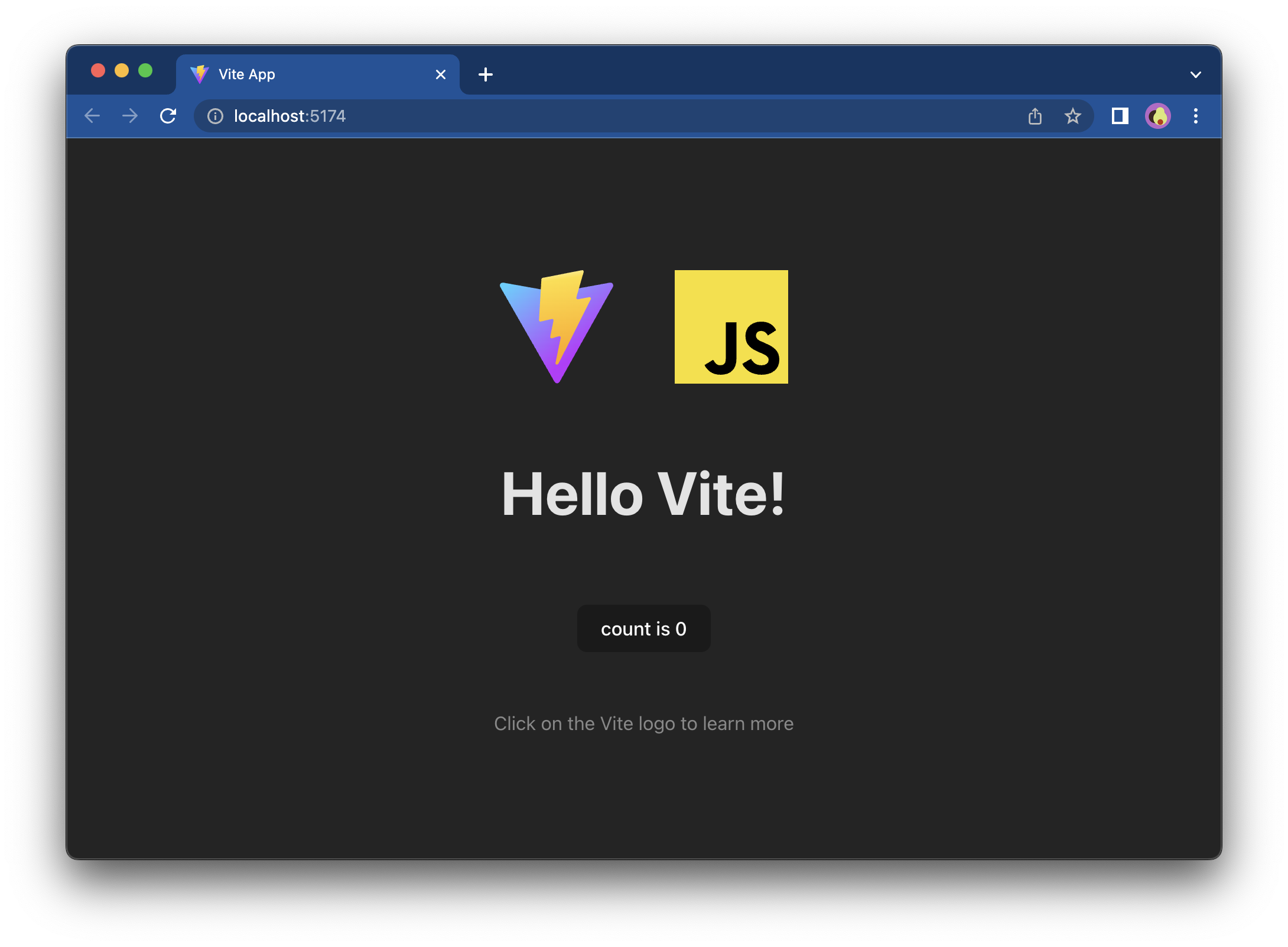 A Vite boilerplate welcome page featuring the logos of Vite and JS, a sign "Hello Vite!" and a counter