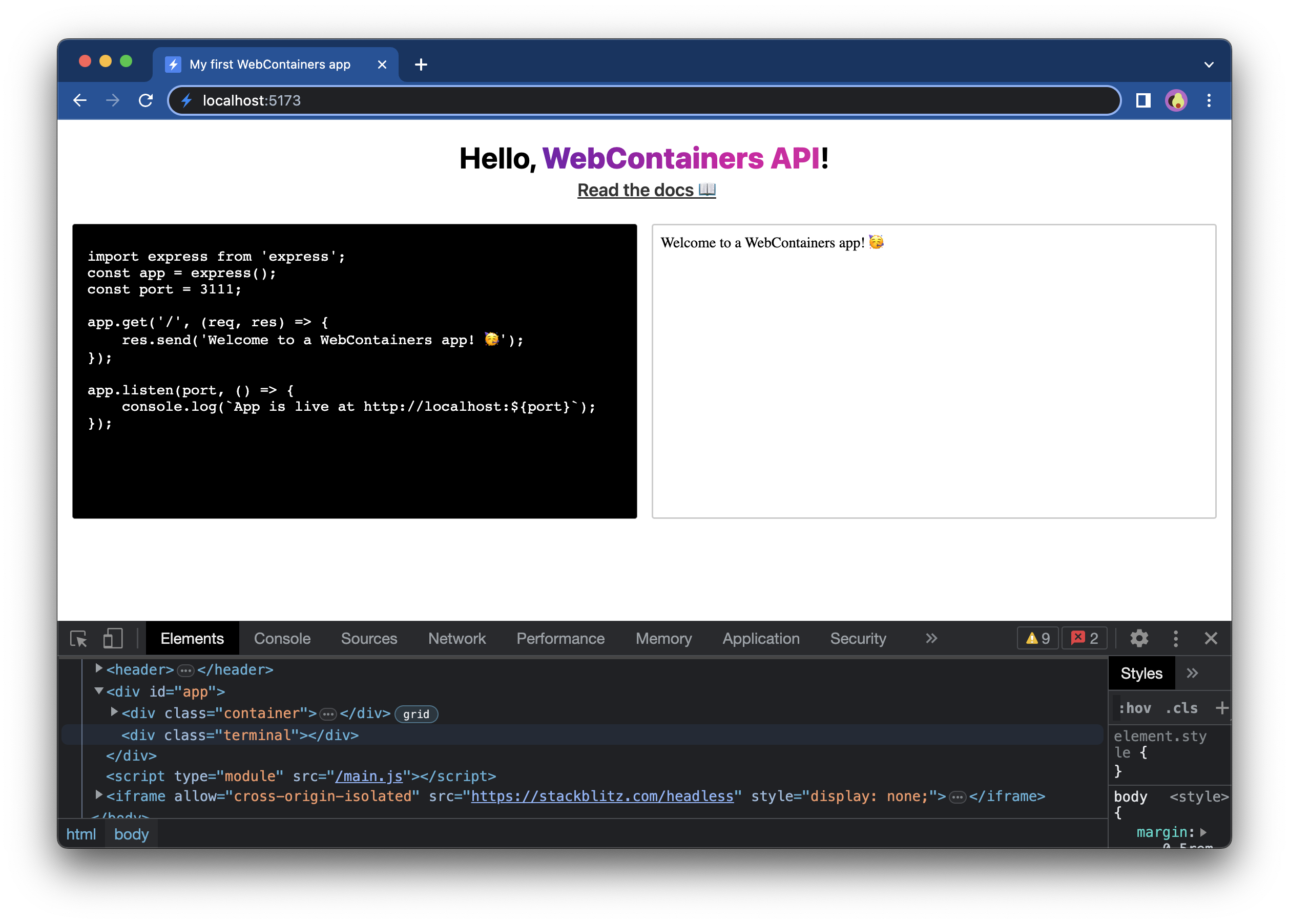 An app with the browser DevTools open featuring the terminal element