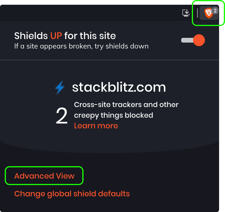 Screenshot showing the Shields configuration popup for stackblitz.com.