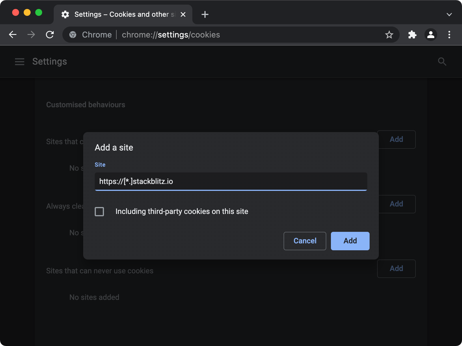 Chrome cookie settings showing a modal dialog for adding a site to list of third-party cookie exceptions.